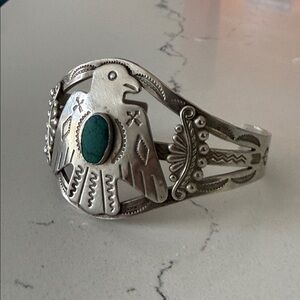 Vintage Silversmith Crafted Thunderbird Cuff w Turquoise